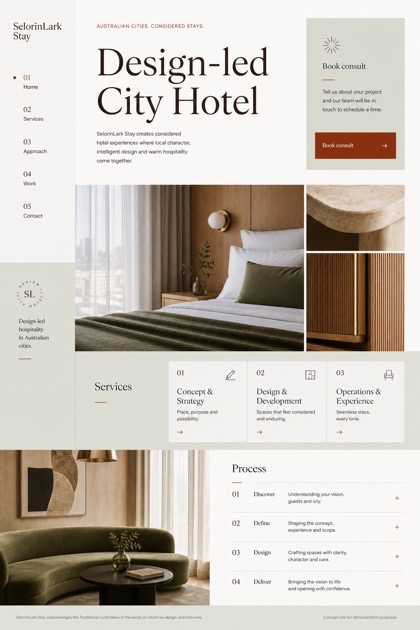 Hospitality website design for Australia, showing a clear opening, service information, supporting content, and a focused inquiry action.