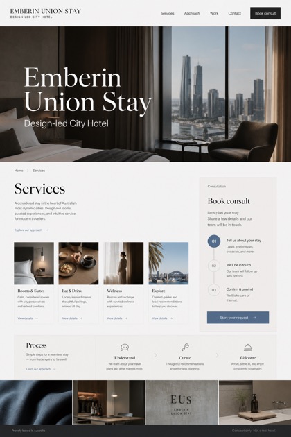 Hospitality website design for Australia, showing a clear opening, service information, supporting content, and a focused inquiry action.