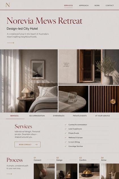 Hospitality website design for Australia, showing a clear opening, service information, supporting content, and a focused inquiry action.