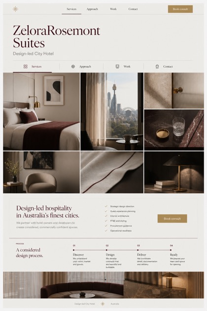 Hospitality website design for Australia, showing a clear opening, service information, supporting content, and a focused inquiry action.