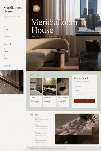Hospitality website design for Australia, showing a clear opening, service information, supporting content, and a focused inquiry action.