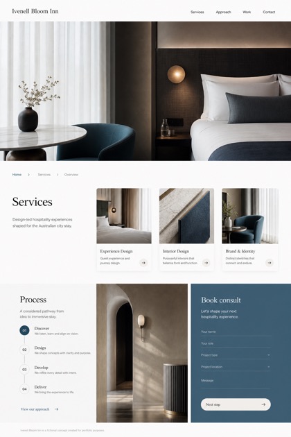 Hospitality website design for Australia, showing a clear opening, service information, supporting content, and a focused inquiry action.