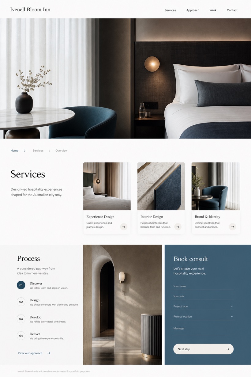 Hospitality website design for Australia, showing a clear opening, service information, supporting content, and a focused inquiry action.