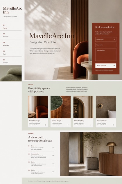 Hospitality website design for Australia, showing a clear opening, service information, supporting content, and a focused inquiry action.