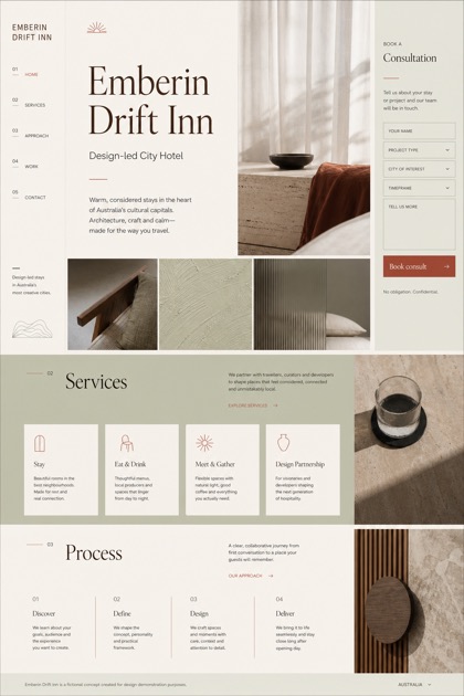 Hospitality website design for Australia, showing a clear opening, service information, supporting content, and a focused inquiry action.