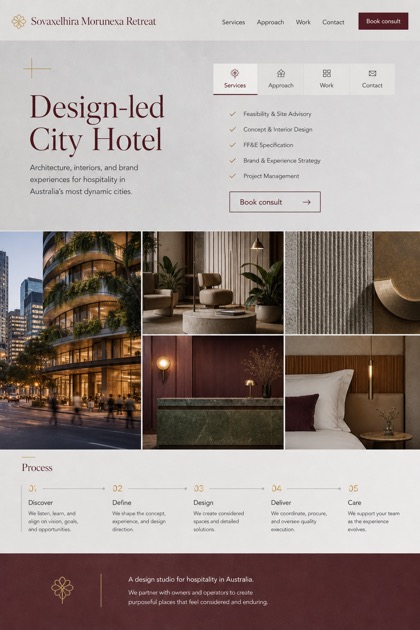 Hospitality website design for Australia, showing a clear opening, service information, supporting content, and a focused inquiry action.