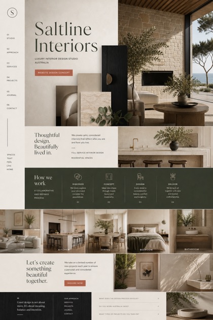 Fictional Saltline Interiors website concept with material-and-room collage, side index, process cards, residential room grid, FAQ, and inquiry CTA