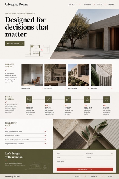 Fictional Olivequay Rooms Architecture studio website design showcase in a 2:3 layout with service sections, FAQ, and inquiry action