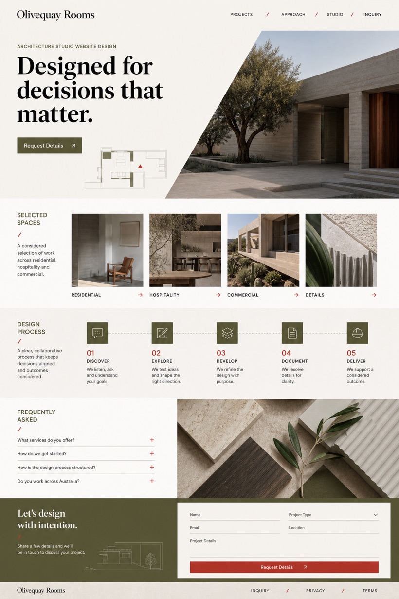 Fictional Olivequay Rooms Architecture studio website design showcase in a 2:3 layout with service sections, FAQ, and inquiry action
