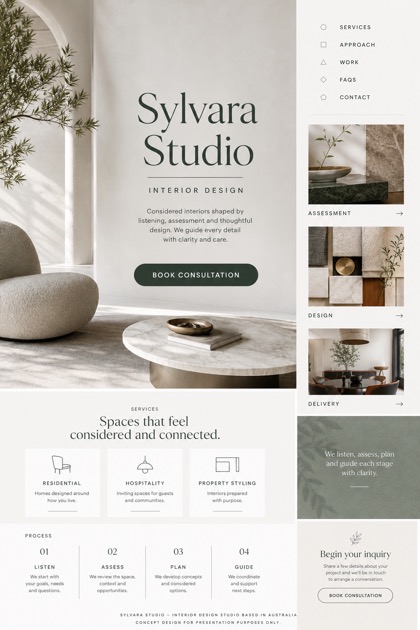 Architecture & Interiors website design for Australia, showing a clear opening, service information, supporting content, and a focused inquiry action.