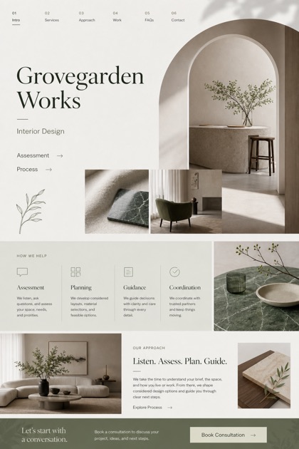 Architecture & Interiors website design for Australia, showing a clear opening, service information, supporting content, and a focused inquiry action.
