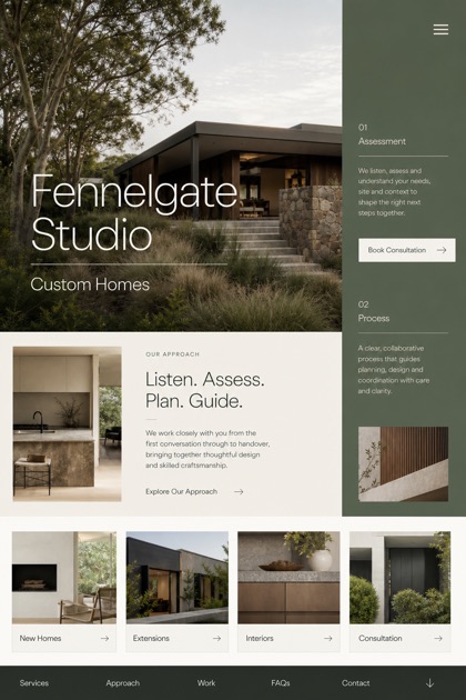 Architecture & Interiors website design for Australia, showing a clear opening, service information, supporting content, and a focused inquiry action.