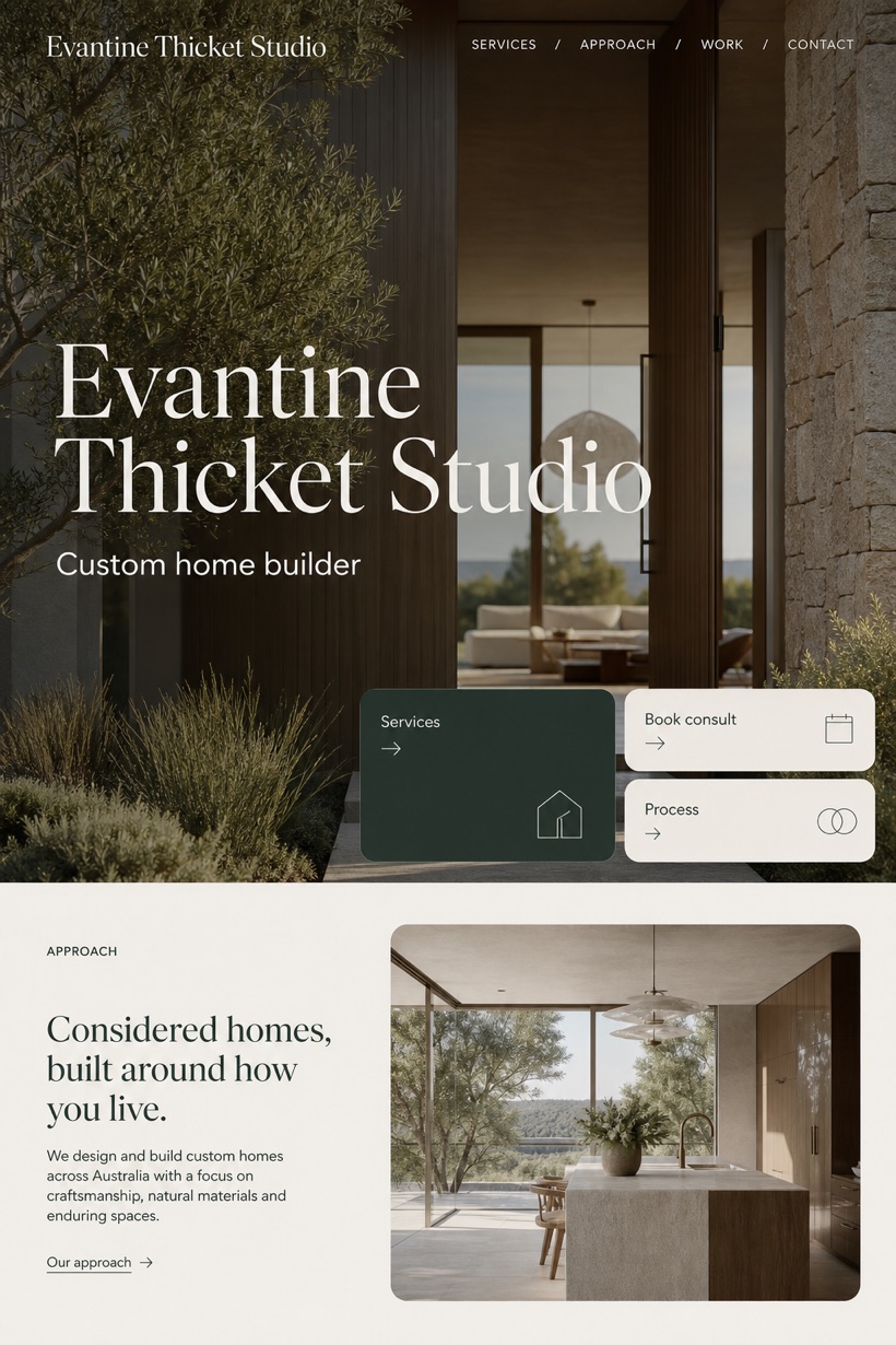 Architecture & Interiors website design for Australia, showing a clear opening, service information, supporting content, and a focused inquiry action.