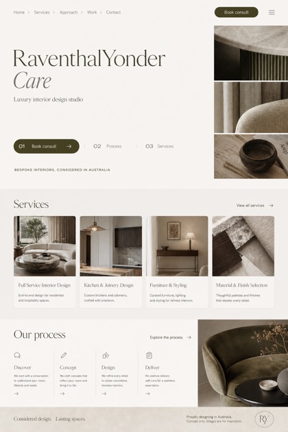 Architecture & Interiors website design for Australia, showing a clear opening, service information, supporting content, and a focused inquiry action.