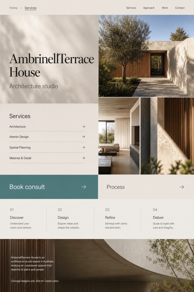 Architecture & Interiors website design for Australia, showing a clear opening, service information, supporting content, and a focused inquiry action.