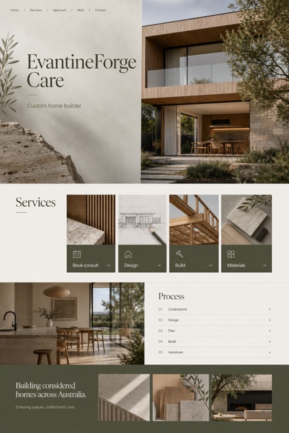 Architecture & Interiors website design for Australia, showing a clear opening, service information, supporting content, and a focused inquiry action.
