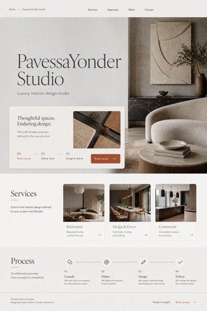 Architecture & Interiors website design for Australia, showing a clear opening, service information, supporting content, and a focused inquiry action.