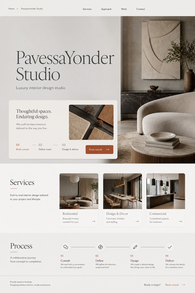 Architecture & Interiors website design for Australia, showing a clear opening, service information, supporting content, and a focused inquiry action.