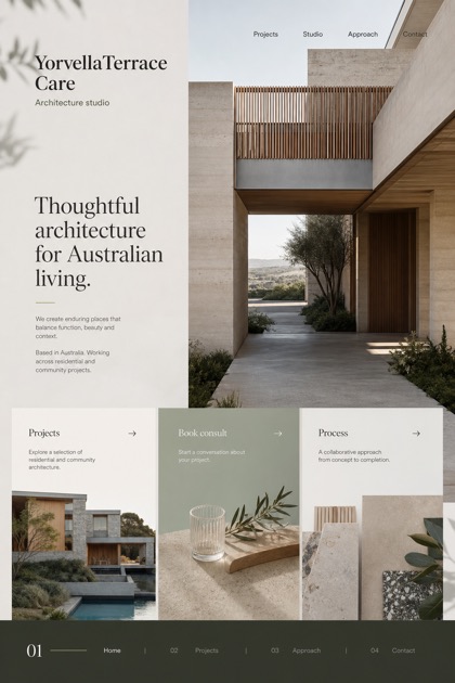 Architecture & Interiors website design for Australia, showing a clear opening, service information, supporting content, and a focused inquiry action.