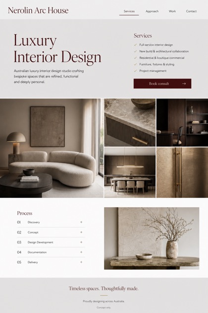 Architecture & Interiors website design for Australia, showing a clear opening, service information, supporting content, and a focused inquiry action.