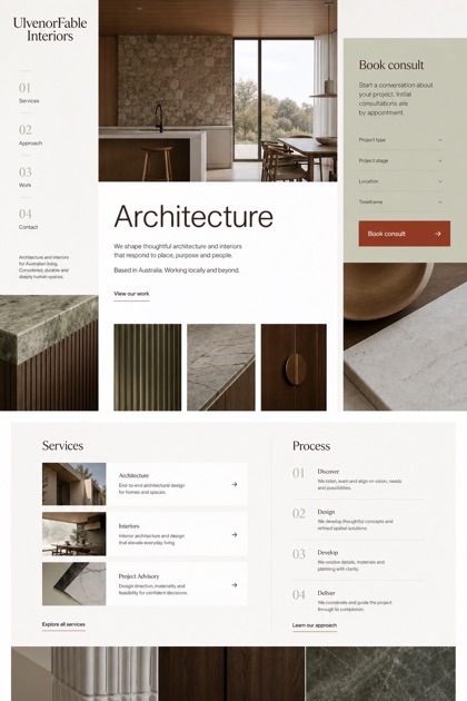 Architecture & Interiors website design for Australia, showing a clear opening, service information, supporting content, and a focused inquiry action.