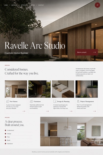 Architecture & Interiors website design for Australia, showing a clear opening, service information, supporting content, and a focused inquiry action.