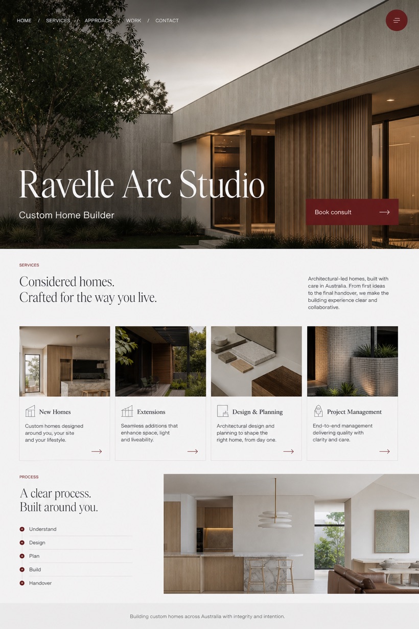 Architecture & Interiors website design for Australia, showing a clear opening, service information, supporting content, and a focused inquiry action.