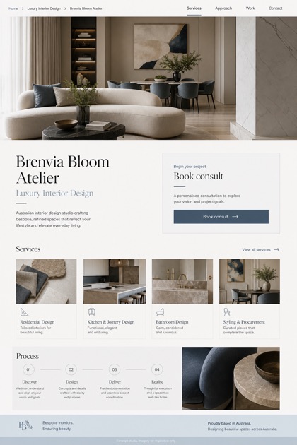 Architecture & Interiors website design for Australia, showing a clear opening, service information, supporting content, and a focused inquiry action.
