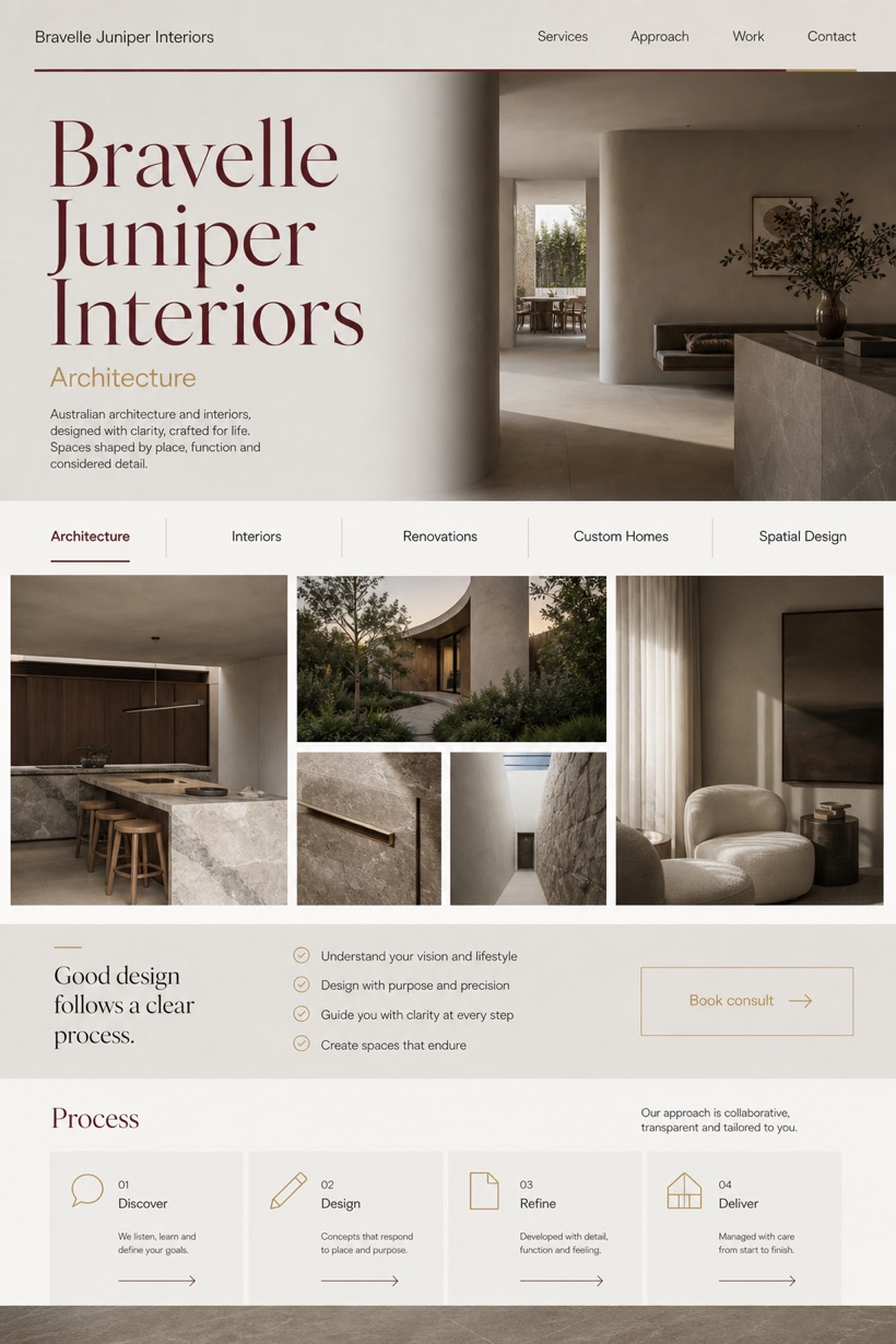 Architecture & Interiors website design for Australia, showing a clear opening, service information, supporting content, and a focused inquiry action.