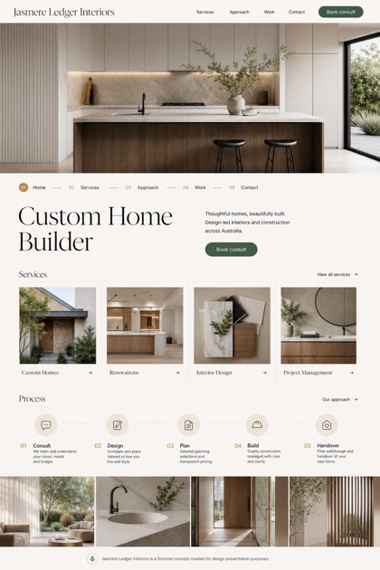 Architecture & Interiors website design for Australia, showing a clear opening, service information, supporting content, and a focused inquiry action.