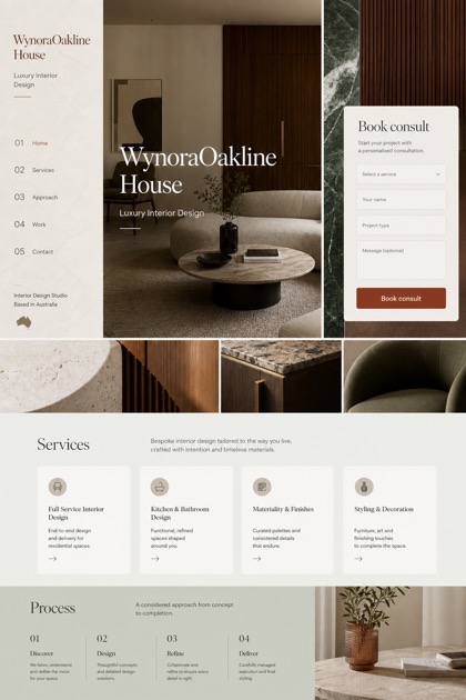 Architecture & Interiors website design for Australia, showing a clear opening, service information, supporting content, and a focused inquiry action.