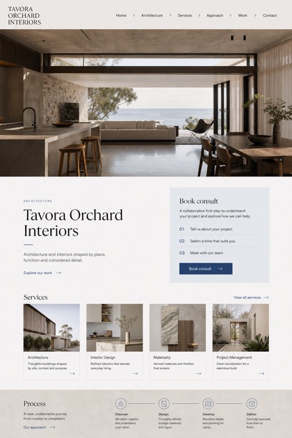 Architecture & Interiors website design for Australia, showing a clear opening, service information, supporting content, and a focused inquiry action.