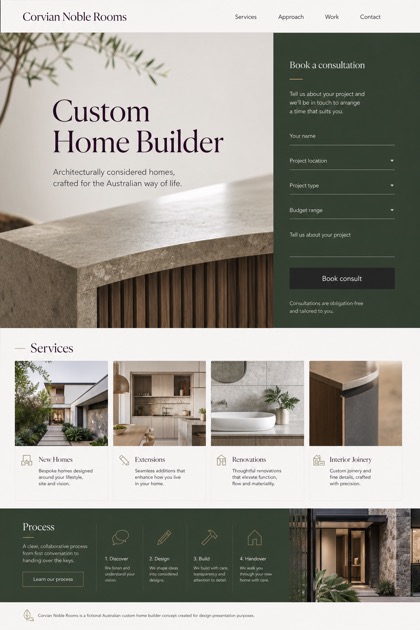 Architecture & Interiors website design for Australia, showing a clear opening, service information, supporting content, and a focused inquiry action.