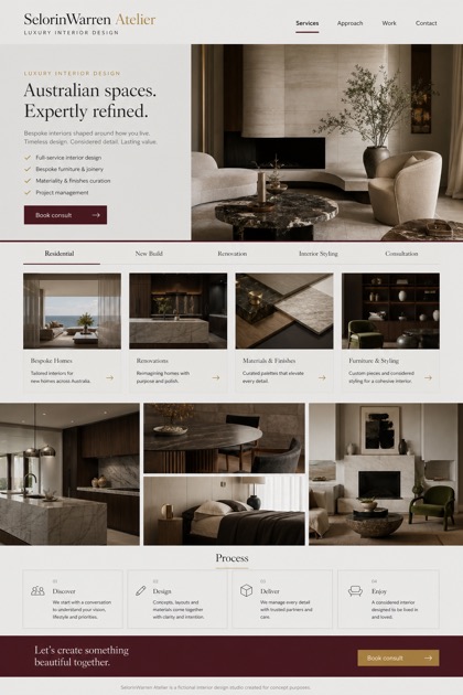 Architecture & Interiors website design for Australia, showing a clear opening, service information, supporting content, and a focused inquiry action.