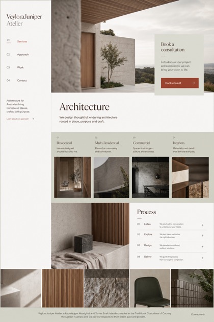 Architecture & Interiors website design for Australia, showing a clear opening, service information, supporting content, and a focused inquiry action.