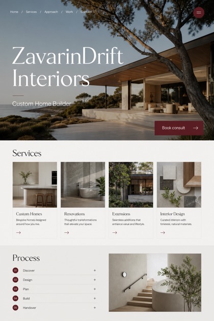 Architecture & Interiors website design for Australia, showing a clear opening, service information, supporting content, and a focused inquiry action.