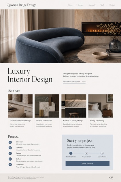 Architecture & Interiors website design for Australia, showing a clear opening, service information, supporting content, and a focused inquiry action.