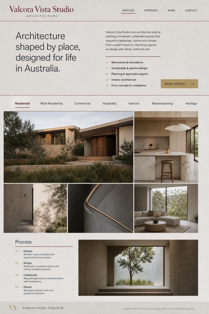 Architecture & Interiors website design for Australia, showing a clear opening, service information, supporting content, and a focused inquiry action.