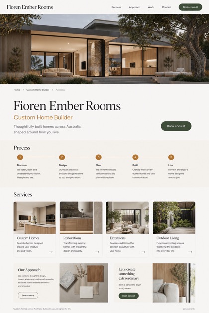 Architecture & Interiors website design for Australia, showing a clear opening, service information, supporting content, and a focused inquiry action.