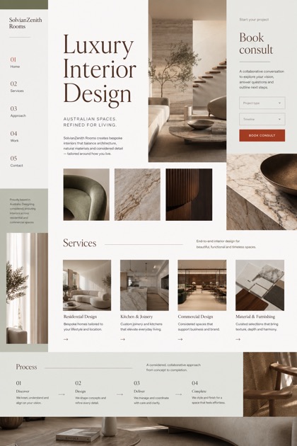 Architecture & Interiors website design for Australia, showing a clear opening, service information, supporting content, and a focused inquiry action.
