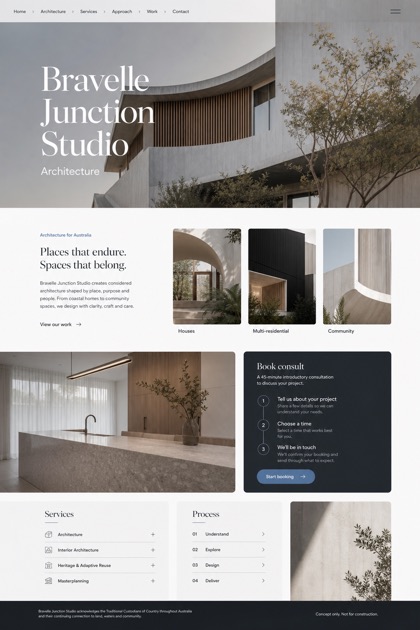 Architecture & Interiors website design for Australia, showing a clear opening, service information, supporting content, and a focused inquiry action.