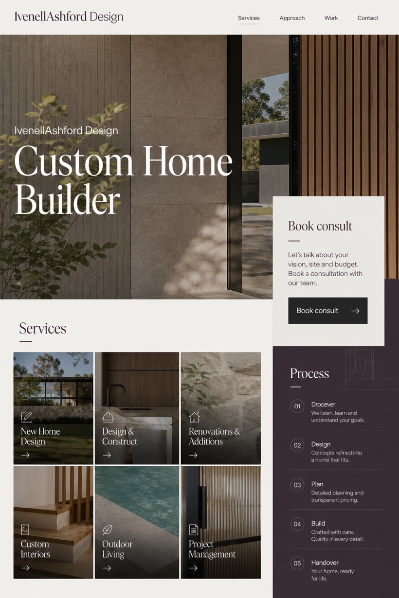 Architecture & Interiors website design for Australia, showing a clear opening, service information, supporting content, and a focused inquiry action.