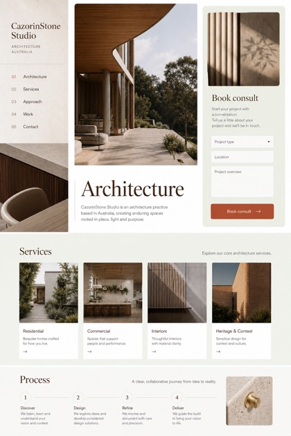 Architecture & Interiors website design for Australia, showing a clear opening, service information, supporting content, and a focused inquiry action.