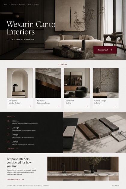 Architecture & Interiors website design for Australia, showing a clear opening, service information, supporting content, and a focused inquiry action.
