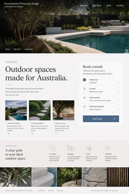 Architecture & Interiors website design for Australia, showing a clear opening, service information, supporting content, and a focused inquiry action.
