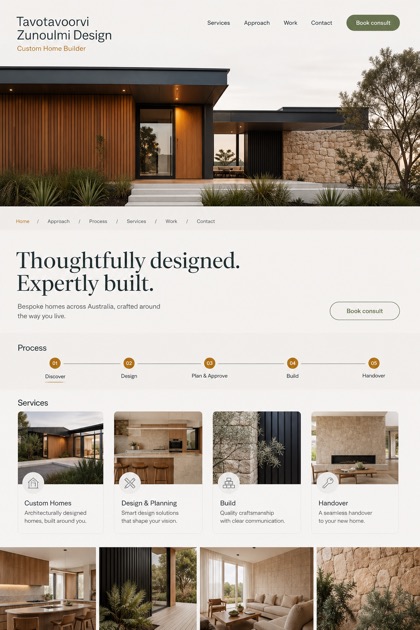 Architecture & Interiors website design for Australia, showing a clear opening, service information, supporting content, and a focused inquiry action.