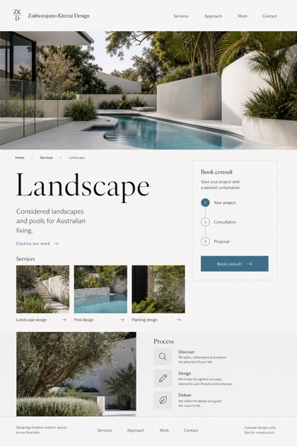 Architecture & Interiors website design for Australia, showing a clear opening, service information, supporting content, and a focused inquiry action.