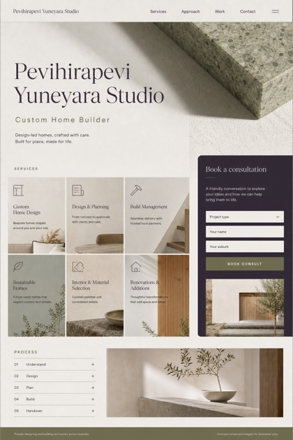 Architecture & Interiors website design for Australia, showing a clear opening, service information, supporting content, and a focused inquiry action.