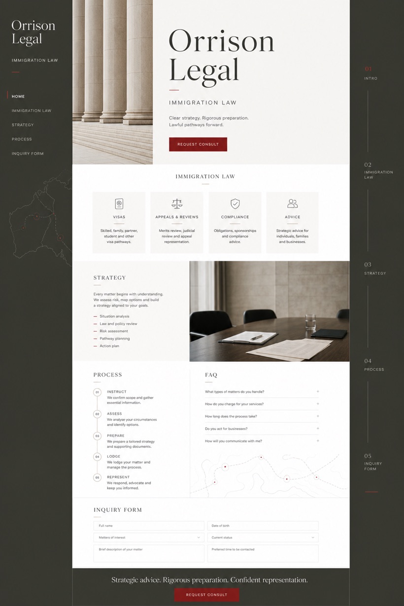 Legal website design for Australia, showing a clear opening, service information, supporting content, and a focused inquiry action.
