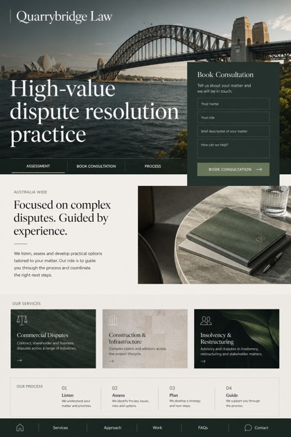 Legal website design for Australia, showing a clear opening, service information, supporting content, and a focused inquiry action.